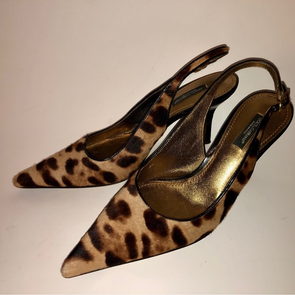 Dolce & Gabbana Sz 38 Vintage Vero Cuoio Leopard Pointed Toe 3” Slingback Pumps - Picture 2 of 16
